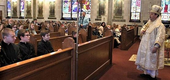 Bishop Andriy Celebrates Divine Liturgies at St. Nicholas Church in Minersville Marking the 80th Anniversary of the Parish Choir Club; Visits with Students in Parish School